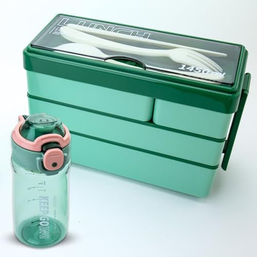 Lunch Box Pack, 1450ml bento Box with Cutlery, Stackable 3 Layer 4 Compartments Leak Proof Lunch Box, Gym Bottle, Meal Prep Container Box for Adults Kids Students Office Microwave Dishwasher Safe