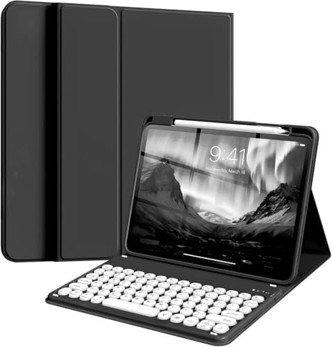 NUWONAYA Round Keys Keyboard Case for iPad Mini 7(A17 Pro)/Mini 6, Cute Color Folio Stand Cover with Upper Pencil Holder/Magnetic Detachable Keyboard for iPad mini 7th/mini 6th Generation，Black