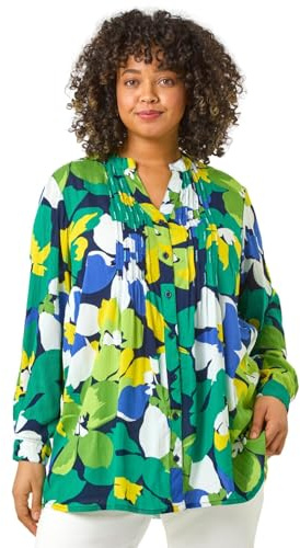 Roman Originals Pintuck Shirt for Women Ladies Jersey Blouse Collarless Top Flare Crinkle Notch Neck Tunic 3/4 Length Sleeve Longline Smart Casual Party Going Out - Lime Multi - Size 20