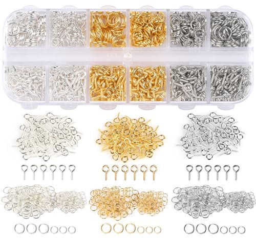 LEOBRO Screw Eye Pins, 600pcs Eye Pins for Jewelry Making, with Jump Rings, Small Screw Pins, Eye Hooks Mini Eye Screws for Crafts, Charms, Jewelry Keychain Making (Gold & Silver & Pearl Silver)