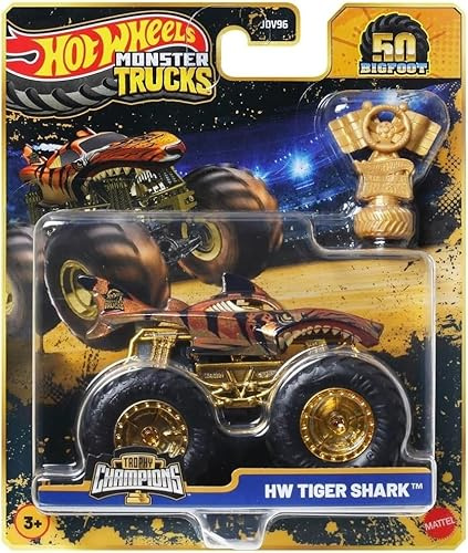Hot Wheels Monster Trucks 1:64 Scale Trophy Champions Gold Chrome 50th Bigfoot Anniversary Collection You Choose Bone Shaker 5 Alarm Gunkster Mega Wrex Tiger Shark (Tiger Shark)