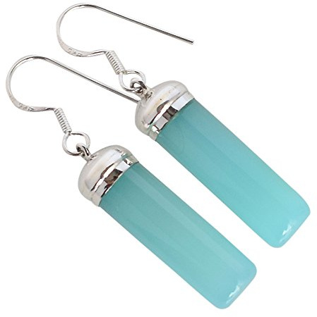 Elegante blaue Chalcedon-Ohrringe – lange Bleistiftform, Cabochonschliff, 925er Sterlingsilber, Fischhaken, Lünettenfassung, 48 mm, eleganter Schmuck, 27x8, Sterling Silber, Chalcedon