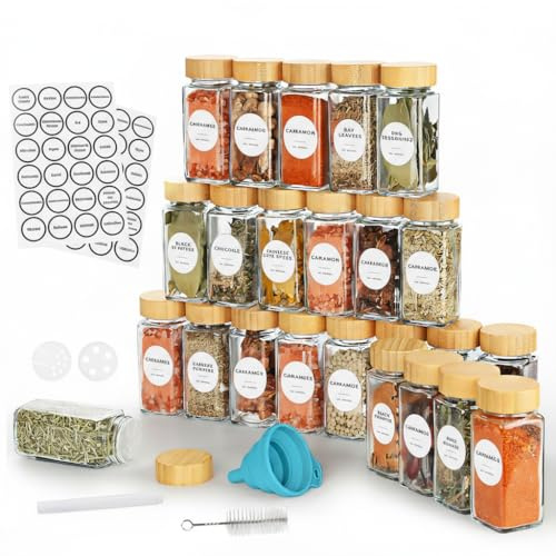 Braozaiw Lot de 24 pots à épices en verre avec couvercle en bambou (24 x 120 ml) avec entonnoir et coins à épices, récipient de rangement pour épices (blanc)