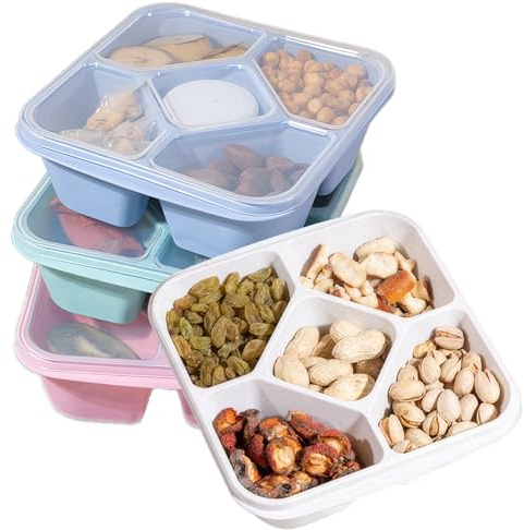 ZHUYIWIN Snack Boxes (4 Pack), Reusable Bento Lunch Boxes with 5 Compartments for Kids Adults,Divided Food Storage Containers for School Work Travel With 4 Bonus Sauce Containers, Multicolour