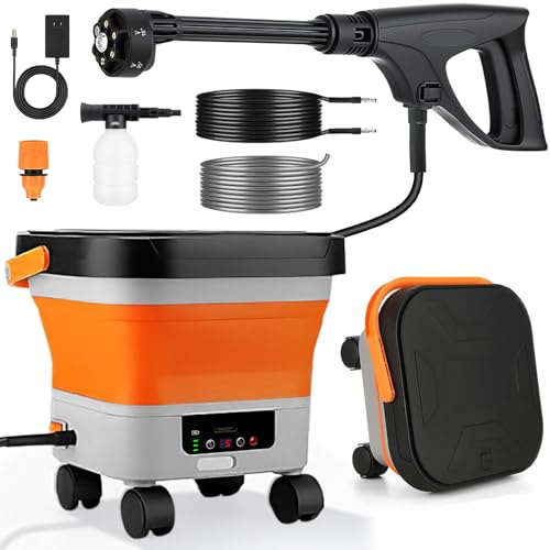 H105 Tragbarer Hochdruckreiniger mit Wassertank, Faltbar und Wiederaufladbar, 6-in-1-Multifunktionsdüse, LED-Leistungsanzeige und 7 Intensitätsstufen einstellbar, Akku Druckreiniger für Außenreinigung