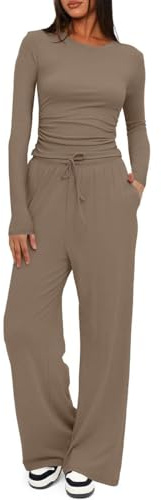 Joligiao Zweiteiler Damen Tracksuit Trainingsanzug Set Langarm Rundhalsausschnitt Jogginganzug Hausanzug Slim Fit Sweatshirt und Weites Bein Hose mit Taschen Freizeitanzug Sportanzug
