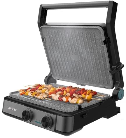 Cecotec Parrilla Eléctrica con Grill Rock’nGrill 2200 Dual. 2200W, Apertura 180º, Dual Temp, RockStone Antiadherente, Placas Reversibles, Recogegrasas, Indicador Luminoso, 29x23cm