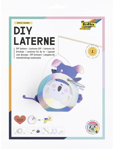 folia 94305 - DIY Laterne SPACE SAFARI, ca. 19 x 26 x 6 cm - Laternen Bastelset gestaltbar als Koala oder Tiger, inkl. LED Licht, 2 Batterien und Klebepad
