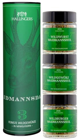 Hallingers Genuss Manufaktur Gewürz Jäger-Geschenk-Set - 3 Gewürze aus aller Welt als Probierset in wertiger Geschenk-Dose Waidmannsdank, Jagd-Geschenkidee für Jäger