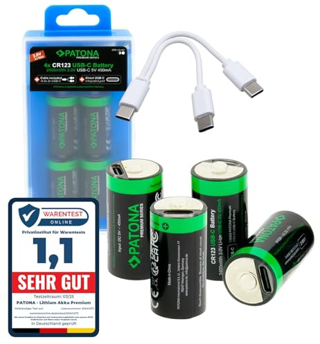 PATONA 8X CR123A Akku mit USB-C - 3,0V Lithium 2400mWh wiederaufladbar | Ersatzakku für Kameras, Taschenlampen, Alarmsensoren & Fernbedienungen, inkl. 1-zu-2 USB-C-Ladekabel, über 1.000 Ladezyklen