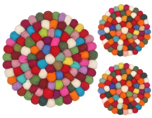 3 Stück Filzkugel-Untersetzer, rund, Filzkugel-Untersetzer, handgefertigt, Filz untersetzer für Tassen, Töpfe, Pfannen und Tassen für Tisch, Schreibtisch, Küche, Dekoration, Zubehör