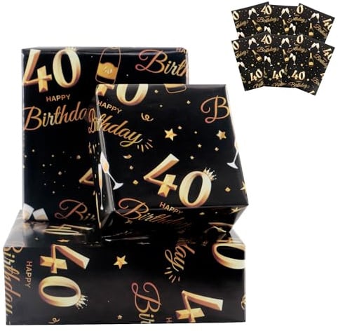 Geschenkpapier zum 40. Geburtstag, 70 x 50 cm, Schwarz und Gold, Happy Birthday Geschenkpapier, Geschenke zum 40. Geburtstag, Dekorationen für Frauen und Männer, recycelbar, 6 Bögen