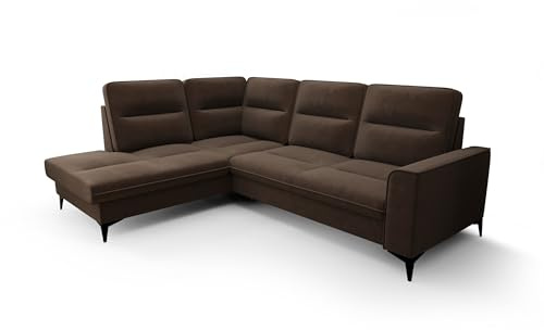 O-Sofa Ecksofa Kongo RBN14, Eckcouch in L-Form mit Schlaffunktion, Farbe: Dunkelbraun, Velourstoff, Ottomane Links