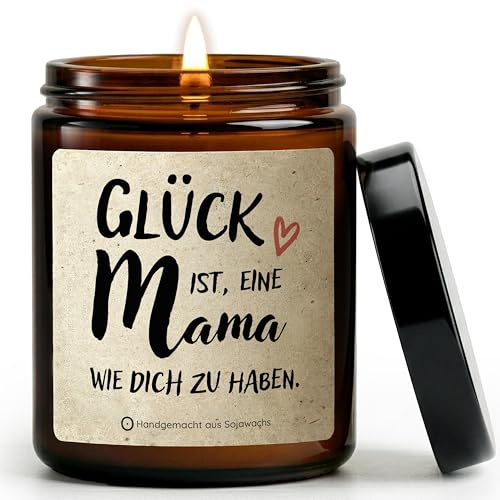 Muttertagsgeschenk Kerze – Handgemacht in Berlin, 100% Sojawachs, 50h Brenndauer – Kerze mit Spruch als Geschenk zum Muttertag, Geburtstag & Weihnachten Beste Mama (Glück ist..)
