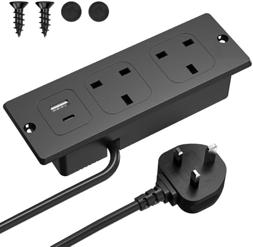 Jonuin Recessed Power Socket with USB C/A PD20W, Recessed Power Strip with 2 UK Outlets, 1 USB A & 1 USB-C Ports, Recessed Socket with 2M Power Extension Lead, Hidden in Furniture Desk Table, Black