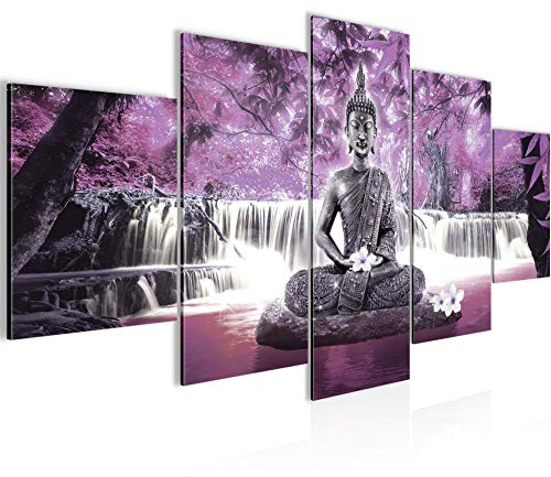 Runa Art Bild Wohnzimmer Schlafzimmer Buddha Wasserfall 5 Teilig Landschaft Violett Lila Wandbilder auf Vlies Leinwand 503553c