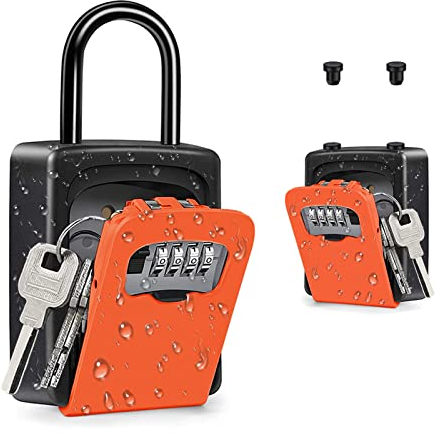 ZHEGE Key Lock Box Outdoor, 4 Digit Combination Key Safe Outdoor, Key Box with Code for Spare Keys Storage at Home, Office, Construction Site, Airbnb Rental, Key Box (Orange)
