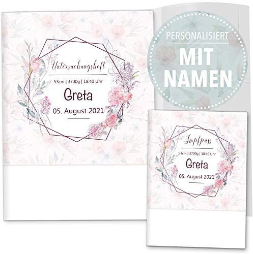 Olgs U-Hefthüllen und Impfpass Hülle Set Cute Bunny Blumenkranz mit Innenfächern und personalisierbar mit Namen