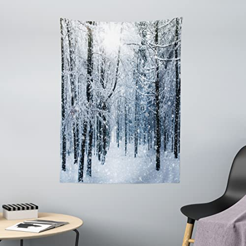 ABAKUHAUS Winter Wandteppich, Schnee bedeckter Wald aus Weiches Mikrofaser Stoff Waschbar ohne Verblassen Digitaldruck, 110 x 150 cm, Schwarz Weiß Schiefer Blau