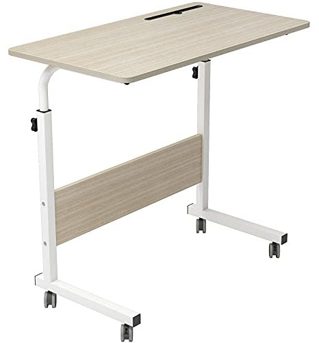 DlandHome Table Roulante de Lit Canapé pour Ordinateur Portable Hauteur Réglable Table d'appoint avec 4 roulettes Verrouillables pour Bureau Chambre + Rainure de Tablette, 80 * 40cm, Érable