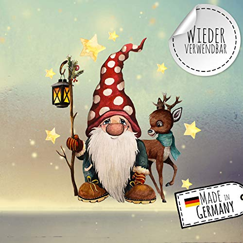 ilka parey wandtattoo-welt Fensterbild Weihnachtsdeko Weihnachten Zwerg REH Sterne -wiederverwendbar- Fensterdeko Winter Fensterbilder Kinder bf111