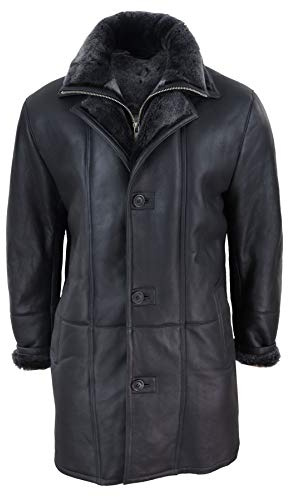 Infinity Leather Mens 3/4 Duffle Jacket Real Sheepskin Long Smart Casual Button Zip Warm - black 4xl