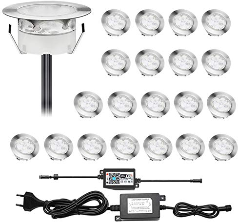 20er Set LED Treppen Bodeneinbaustrahler, RGB WiFi Terrasse Licht IP67 Wasserdicht Terrassen Einbaustrahler Kompatibel mit Amazon Alexa, Google Home, Ø60mm LED Bodeneinbauleuchten Steuerbar via App