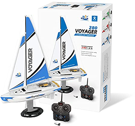 PLAYSTEAM Voyager 280 RC Controlled Wind Powered Sailboat in Blue - 14 Tall
