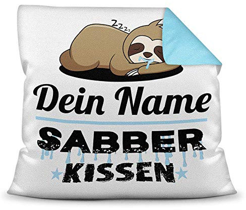 Kissen inkl. Füllung Faultier PERSONALISIERT mit WUNSCHNAME für Ihn - Sein Name Sabberkissen - Kuschelkissen / Lustige Geschenkidee für Männer / Freund / Geburtstag - Farbkissen Rückseite Hellblau
