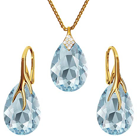 Ohrringe Silber 925 Hängend - Kette Damen mit Anhänger - Vergoldet Schmuck Set für Sie - mit Kristallen - Ohrringe Hängend und Halskette Damen Silber 925 - Tropfen mit Krallen (Aquamarine)