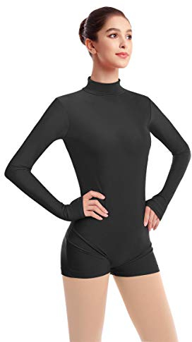 FYMNSI Damen Langarm Ballettanzug Ballettbody Sport Tanz Body Gymnastikanzug Trikot Bodysuit Einteiler Turnanzug Leotards Overall Stehkragen Einfarbig Elegant Bodies Ballett Langarmbody Schwarz 3XL