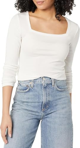 Amazon Essentials Women's Slim-Fit Long-Sleeved Square Neck T-Shirt, Ivory, L