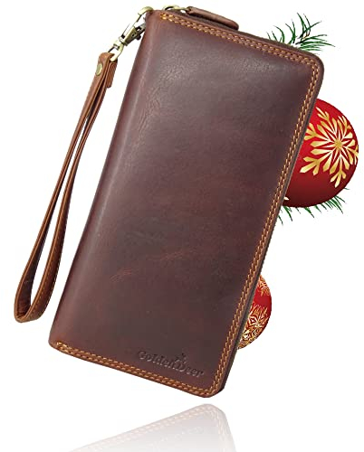 Fregery Golden Deer XL Geldbörse für Damen Frauen mit Geschenkbox viele Fächer Leder Portemonnaie Geldbörsen Portmonee braun RFID Blocker, kleine Handtasche (Braun)