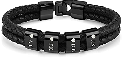 PiercingJak Herren Armband mit Gravur 4 Namen Männer Lederarmband geflochten Schwarz Echtleder Wickel Edelstahl Namensperlen ID Armreif Charm Schmuck Personalisierte Geschenke für Mann