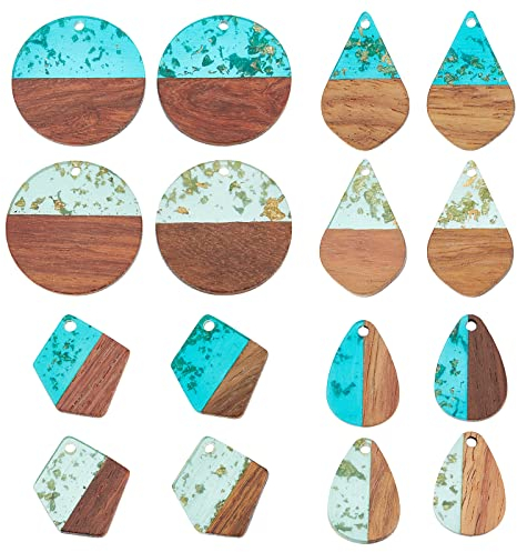 PandaHall 16 Stück Holz Anhänger 4 Stile Harz Holz Ohrring Anhänger Polygon Flach Rund Teardrop Vintage Harz Walnuss Holz Charms Mit Goldfolie Für Halskette Ohrring Schmuck DIY Handwerk