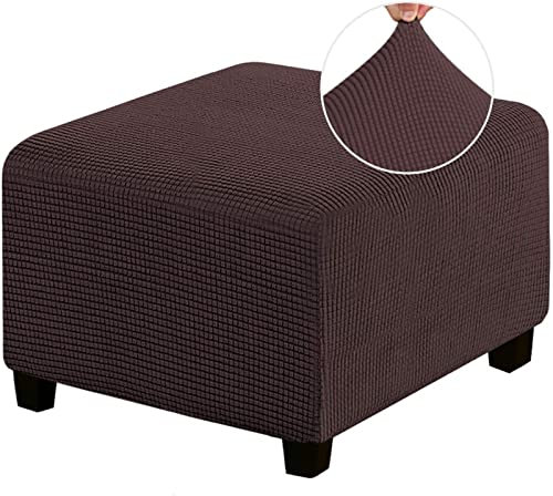 MULARE Stretch-Ottomanenbezug, Ottomanen-Schonbezüge, staubdichter Hockerbezug, elastischer,abnehmbarer Hockerbezug, dicker karierter Jacquard-Stoff mit elastischer Unterseite, waschbar,Dunkelbraun,S