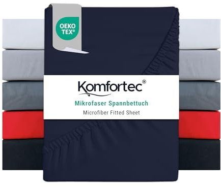 Komfortec Mikrofaser Spannbettlaken 200x200 cm – Weiches Spannbetttuch mit Rundumgummi – Fitted Sheet für Matratzen bis 30 cm – Blau – Oeko-Tex – Pflegeleicht & Hautfreundlich – 90g/m²
