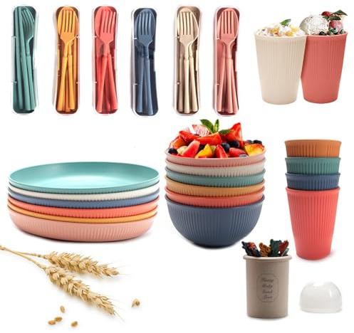 BERRYLION 60Pcs Plastic Dinnerware Sets for 6, Unbreakable Colorful Dinner Dishes, Reusable Lightweight Serving Plates Bowls Cups Forks Tableware Set, Perfect for Camping, Picnic, Parties,RV, BBQ