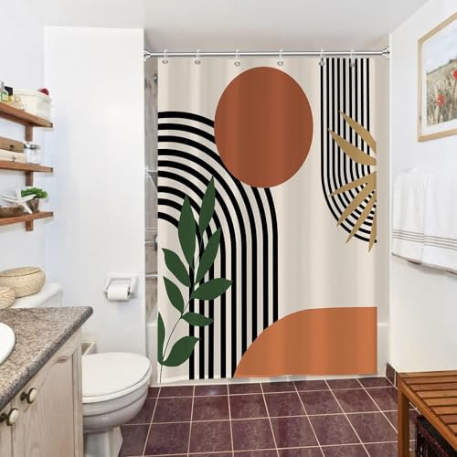 Uiiooazy Duschvorhang Terracotta, Duschvorhang 150x200cm Boho Style Orange Abstrakt Kunst Grüne Blätter Duschvorhänge Anti Schimmel Stoff Waschbar Polyester Bad Vorhang mit 10 Haken für Badezimmer