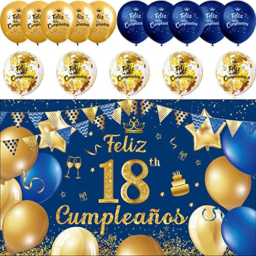 Decoración para Cumpleaños 18 en Español - Pancarta Feliz Cumpleaños, Fondo Cartel, 15 Globos - Kit de Adornos Azul y Oro para 18 Años - Happy Birthday