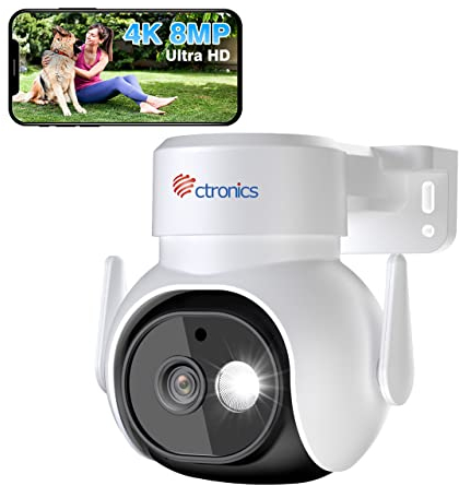 Ctronics 4K 8MP Überwachungskamera Aussen WLAN mit Scheinwerfer, 2,4/5GHz Dualband WiFi PTZ IP Kamera Outdoor mit Personen/Haustier/Fahrzeugerkennung Automatische Verfolgung 30m Farbnachtsicht Weiß