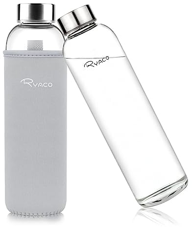 Ryaco Trinkflasche aus Glas 1 liter/1L/1000ml,Glasflasche mit Neoprenhülle,Glastrinkflasche mit Schraubverschluss,Wasserflasche Glas für heiße kalte Getränke,spülmaschinenfest