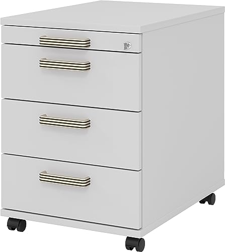 bümö Rollcontainer mit Schubladen, Container abschließbar aus Holz in grau - Rollwagen für's Büro als Schreibtisch Unterschrank, Bürocontainer od. Schreibtischcontainer mit Streifengriffe