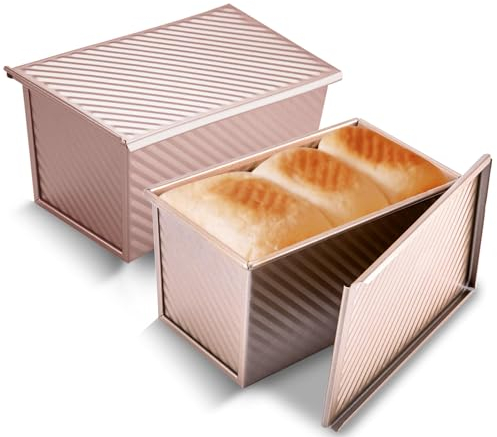 KITESSENSU Pullman Loaf Pan with Lid 2 Pack, 1 lb Dough Capacity Non-Stick Bakeware for Baking Bread, Carbon Steel Corrugated Bread Toast Box Mold with Cover for Baking Bread, Gold