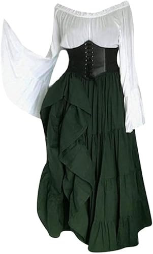 Feynman Robe médiévale rétro pour Femme avec Manches Trompette - Reine Victorienne médiévale Renaissance Gothique - Robe Maxi pour Carnaval, Halloween, fête