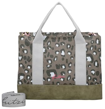 Fritzi Canvas Tote Bag Leo Shopper Baumwollmix Damen Handtasche Umhängetasche Festival City Beach vegan Leoprint 29,5 x 40 x 14 cm – Rosa, Gruen