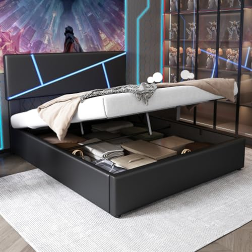 Tcewhhy Polsterbett Mit LED-Lichtleisten Und Lattenrost Doppelbett King Size Synthetisches Leder Hydraulisches Funktionsbett Bettkasten Jugendbett Gästebett Bett Mit Stauraum Schwarz 160x200 cm