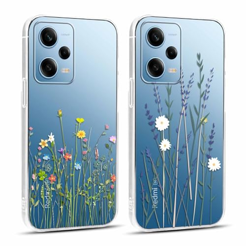 Yoedge 2 Stück Handyhülle für Xiaomi Redmi Note 12 5G Hülle 6,67, Transparent Blumen Muster Frauen Mädchen Aesthetic Flowers Handyhülle Weich Durchsichtig Schlanke Silikon Slim Stoßfest Schutzhülle