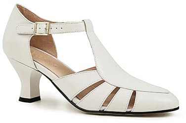 Coutgo Womens Low Heel Dress Shoes T-Strap Mary Jane Kitten Heels Dance Vintage Cutout Pumps, White, 5 UK