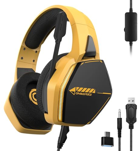 Oniverse Casque Gaming PS5 PS4 Switch Xbox PC Mac avec Micro réglable, LED, Haut-parleurs 50mm, Coussinets Tissu Respirant - Casque Gamer stéréo Filaire Nebula (SolarFire Yellow/Jaune)